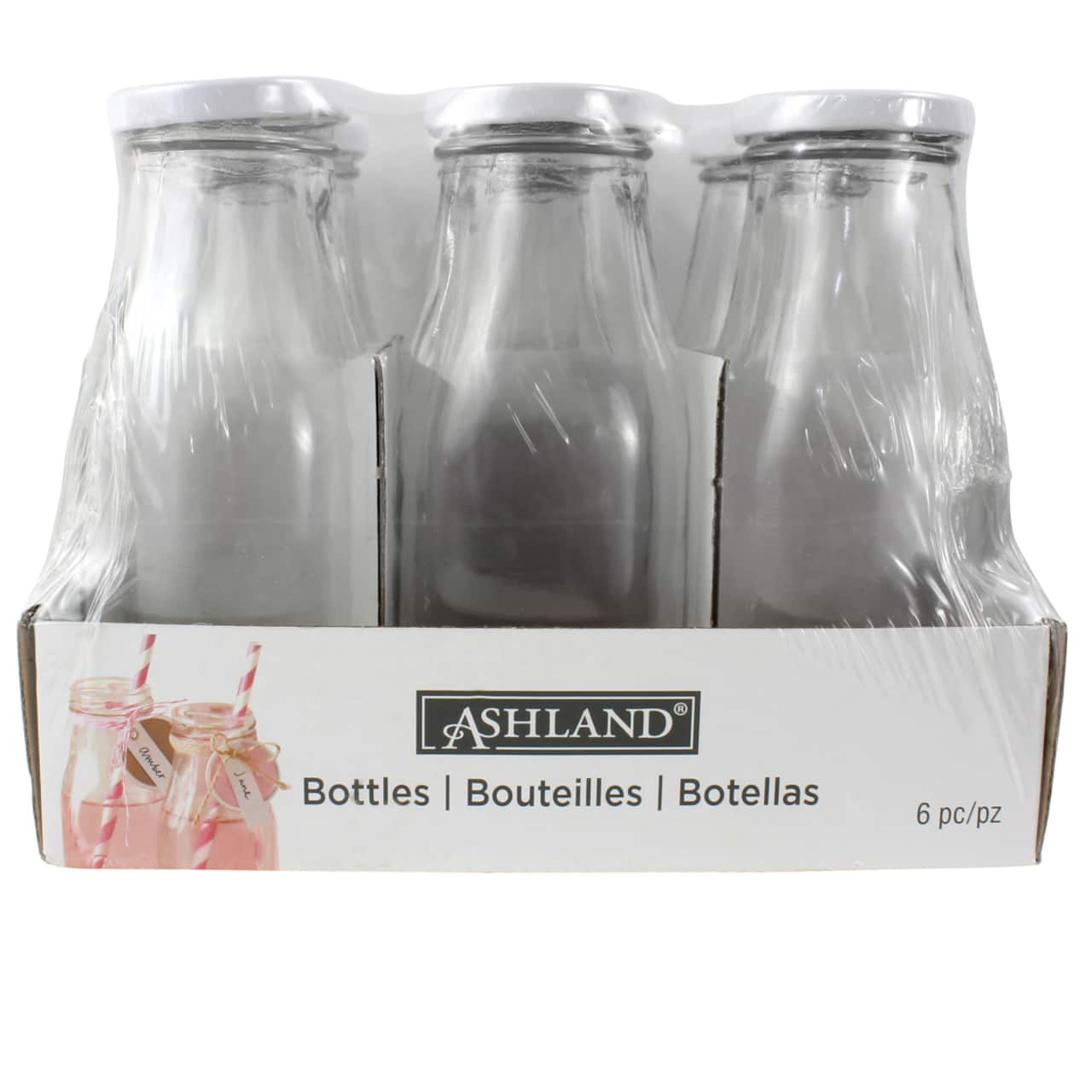 Ashland&#xAE; Glass Milk Bottles with Lids, 6 Pack